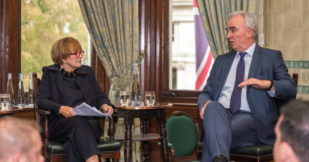 Anne Robinson talking with James Mates at our Swapping Seats fundraising event