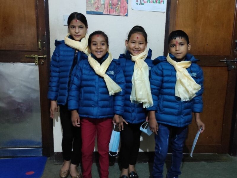 Prani, Deepa, Sonika and Tika (with scarves), farewell photo, FMN Transit Home, Kathmandu, Oct 2020
