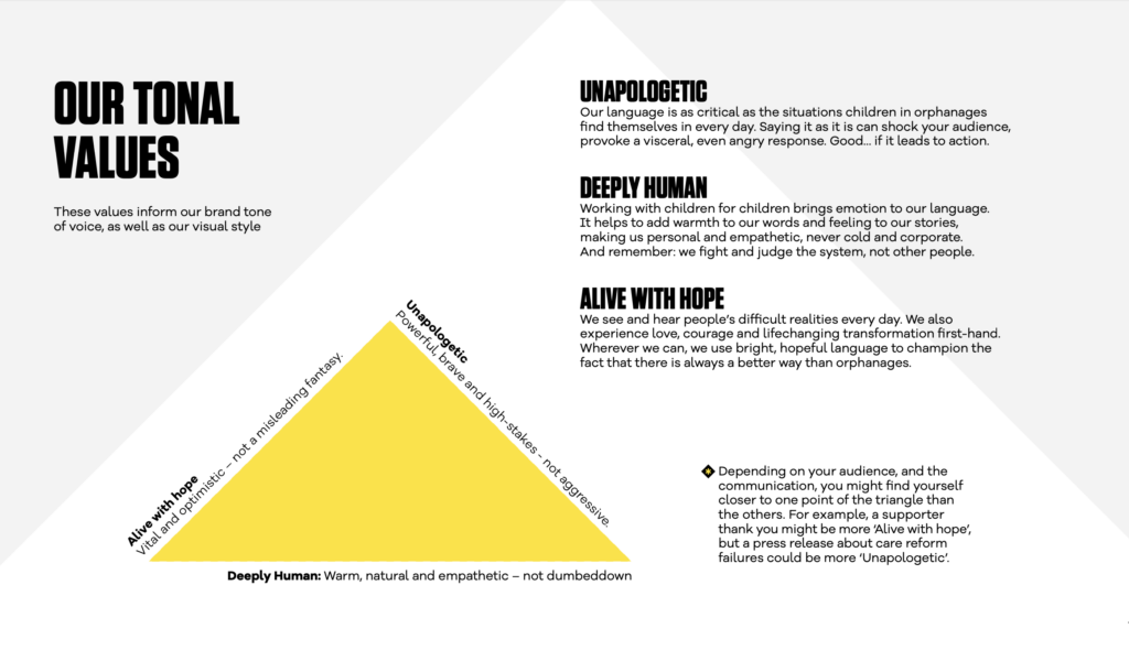 Visual graphic showing our tonal values: unapologetic, deeply human and alive with hope.