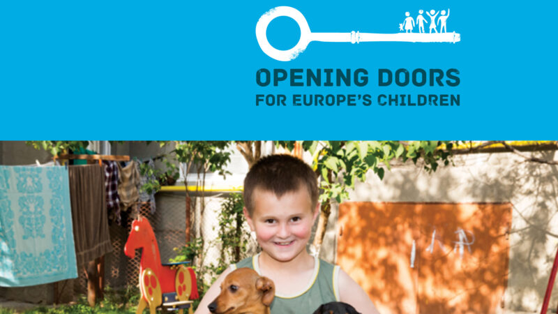 Report cover featuring a young boy wearing a green vest grinning and holding his dog, and text saying Opening doors for Europe's children