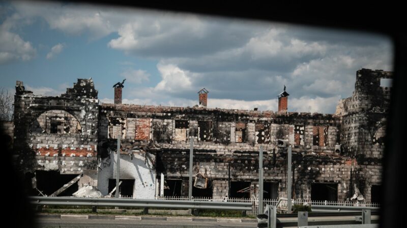 Bombed out buildings seen against the sky in Ukraine