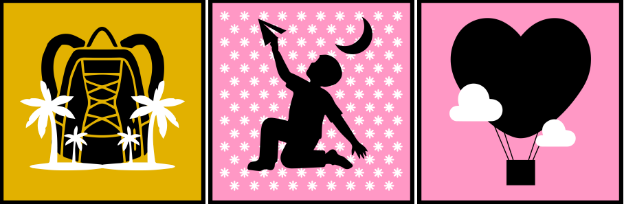 This image shows 3 boxes of animated Wees Wijs images. The first yellow box shows a backpack in front of 2 adjoining islands with palm trees. The second pink box shows a child kneeling and playing with a paper aeroplace pointing upwards with a crescent moon in the background to represent night time. The third pink box shows a heart-shaped hot air balloon in the air, with 2 clouds in front.