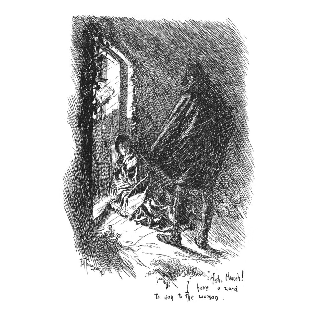 An illustration of a man stood next to a woman sitting in a doorway, with the text 'Hush, Hannah! I have a word to say to the woman'