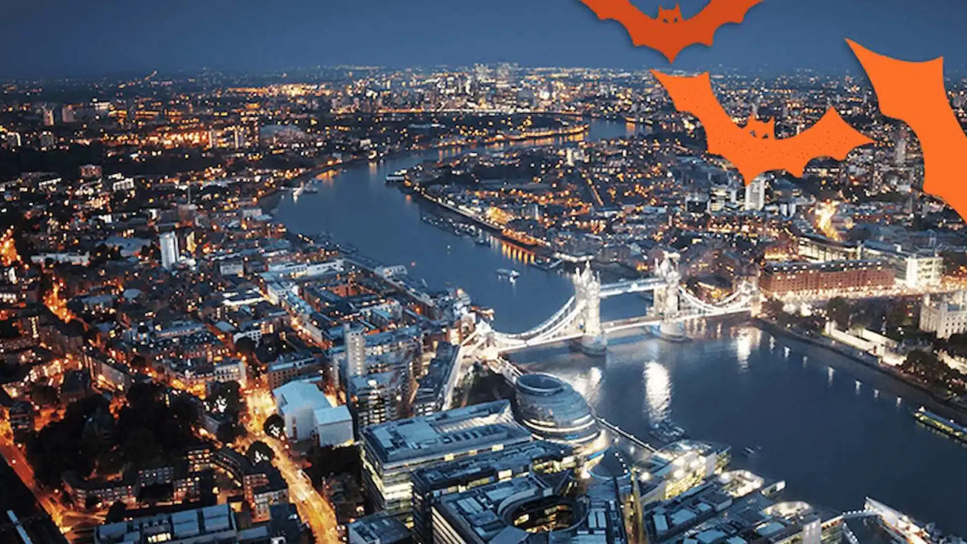 Aerial shot of London with orange bats