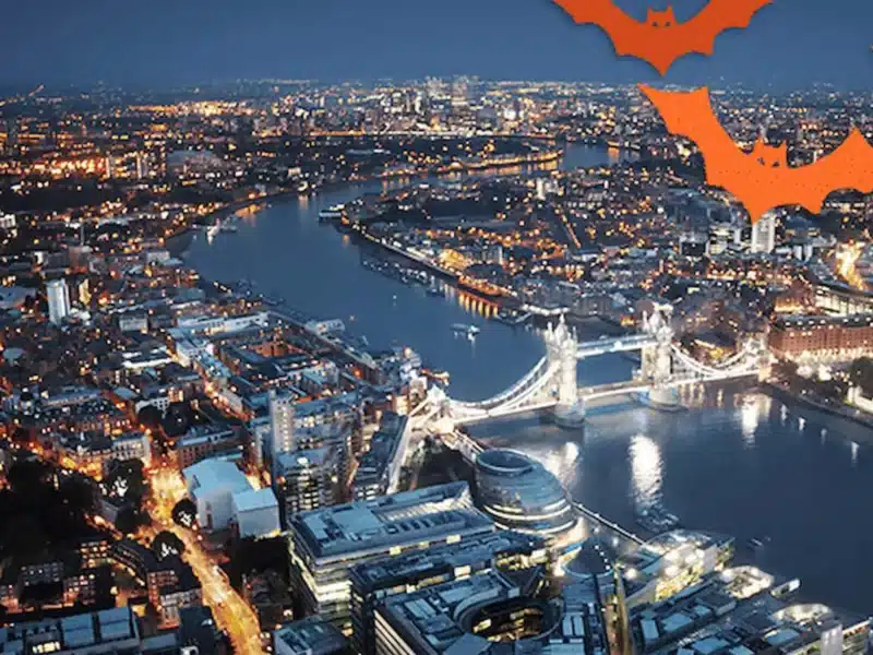 Aerial shot of London with orange bats